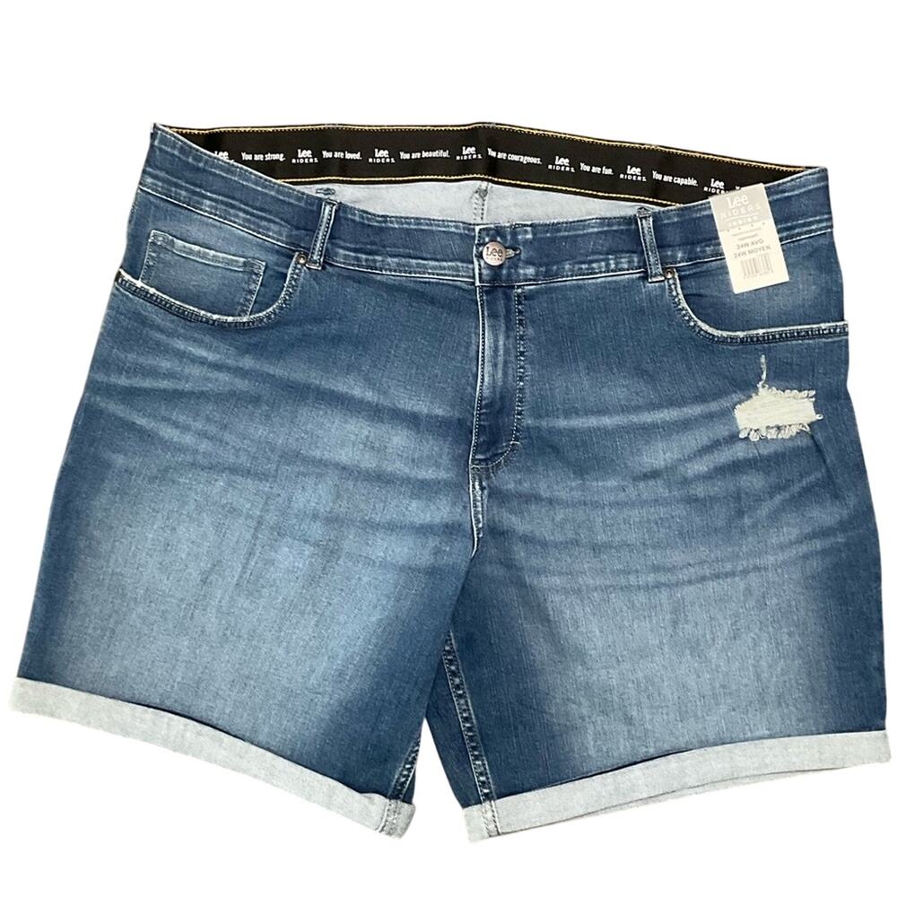 LEE Riders Women's jeans Shorts Stretch distressed cuffed bottom size 24W NWT